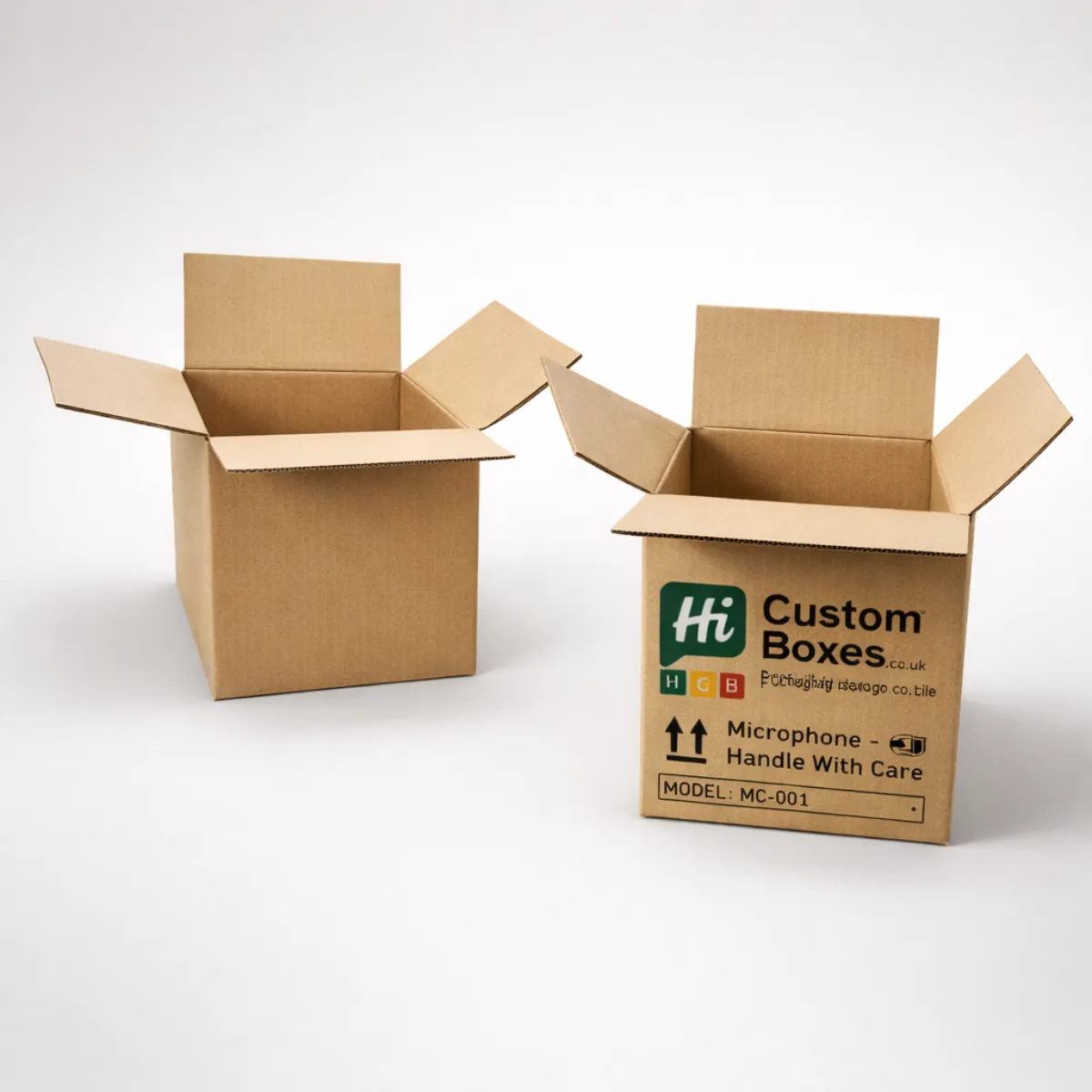 Two open brown corrugated cardboard boxes, one featuring a 